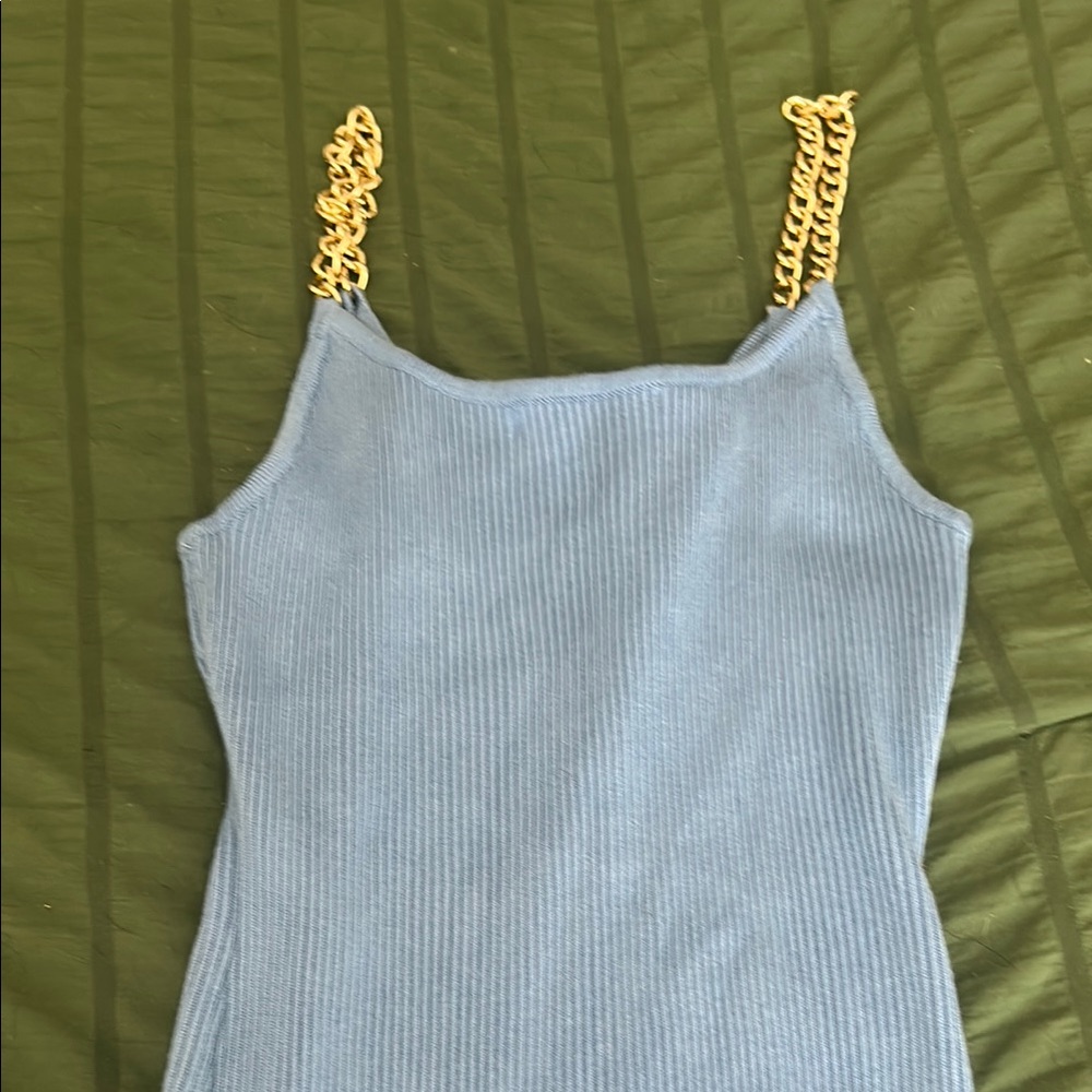 Blue Ribbed Tank Top with Gold Chain Straps